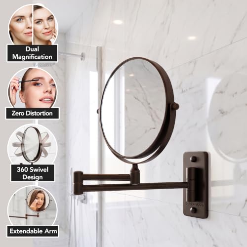 OVENTE 7-Inch Wall Mount Makeup Mirror with 8.5" Extendable Arm, Antique Bronze, 7X Magnification