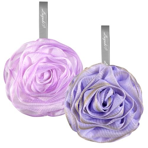 Rose-Shaped Bath Loofah Set of 2 - Elegant Shower Sponge in Purple & Grey