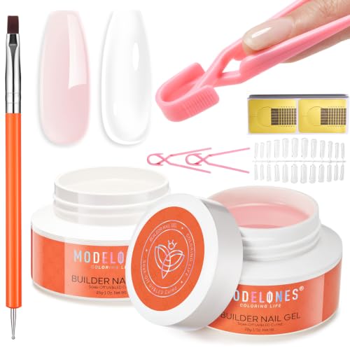 Modelones Gel Builder Nail Kit - 10-in-1 Clear & Pink Gel with Brush & Forms