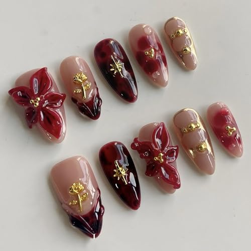 Luxury Medium Almond Press-on Nails - Handmade Red Floral Acrylic Set
