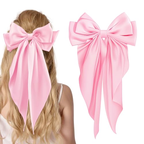Large Pink Satin Bow Hair Clips for Women - Elegant Accessories