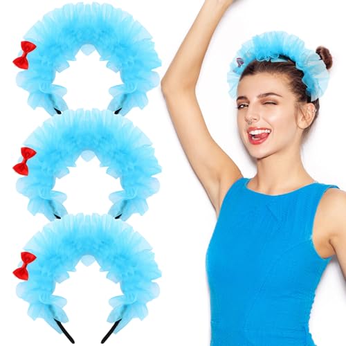 3 Pieces Blue Fuzzy Tulle Headband for Women, Soft Bow Costume Hair Accessory