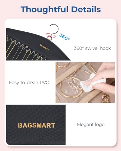 BAGSMART Double-Sided Hanging Jewelry Organizer with Hooks - Black