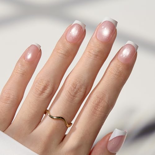 Beetles French Tip Press On Nails Short Square Pink Cat Eye Kit - 01 Glassy Blush French