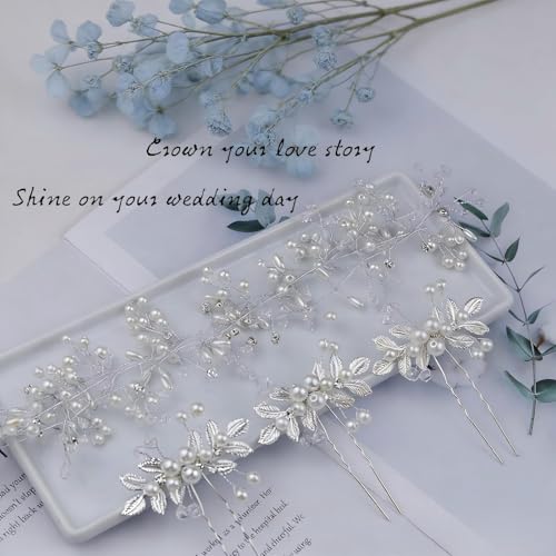Naturahand Silver Wedding Crystal Hair Vine with Pearls for Bridal & Bridesmaids