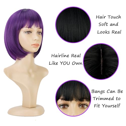 Phoenixfly Purple Short Bob Wig with Bangs - 12 Inch Synthetic Hair for Women