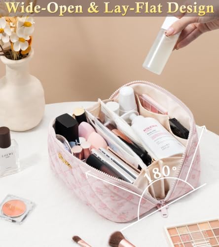 Pink Rose Medium Travel Makeup Bag - Large Capacity Puffy Cosmetic Organizer for Women