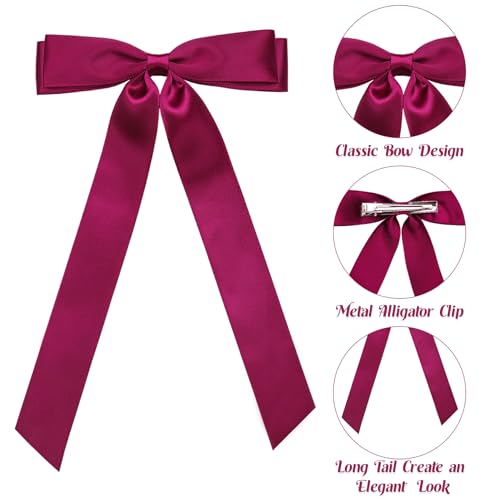 Feinigesi Satin Bow Hair Clips 4-Piece Set with Long Tails – Black White Teal Green Wine Red