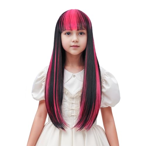 Edivd Long Straight Pink Mixed Black Wig with Air Bangs - Heat Resistant