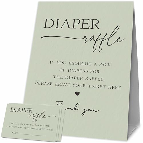 Diaper Raffle Sign & 50 Tickets - Moss Green Baby Shower Decorations