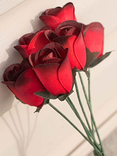 6 Red Wooden Roses with Black Tips - Half Open Bud Craft Flowers