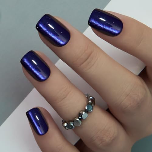 CurvLife Short Square Cat Eye Press On Nails - Indigo Navy Purple Gel