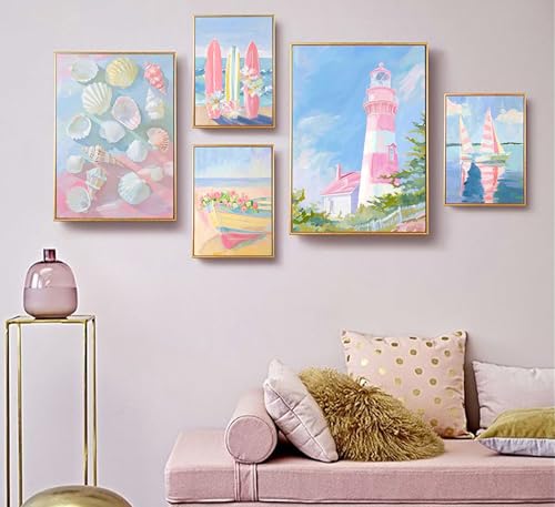 6 Pcs Pink Coastal Wall Art Set - Aesthetic Beach Prints for Girls