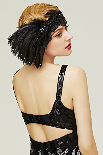 Black 1920s Flapper Headband with Feather - Gatsby Accessory