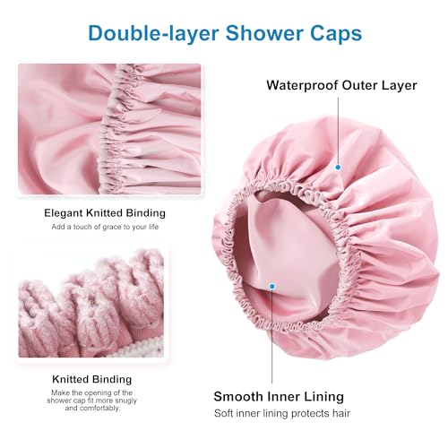 Pink Waterproof Shower Cap for Women - Large Double-Layer Bonnet, Hair & Spa Protection