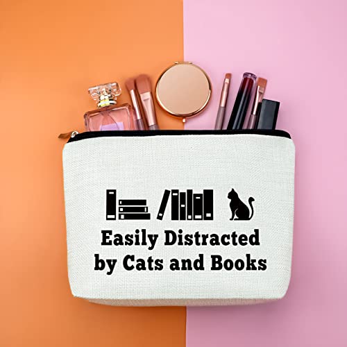 Easily Distracted by Cats and Books Makeup Bag - Cat & Book Lover Gift, Travel Cosmetic Pouch for Women