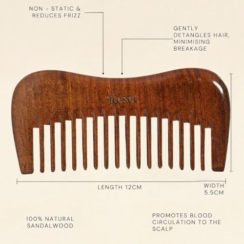 Resèt Natural Sandalwood Wooden Comb - Wide Tooth Hair Detangler & Massage Brush, Eco-Friendly & Anti-Static, Travel Size