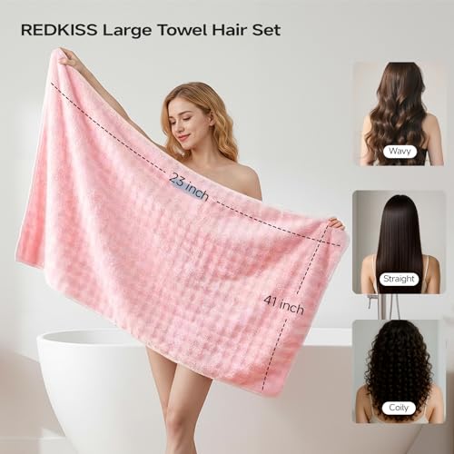 REDKISS 3-Pack Microfiber Hair Towels - Quick Dry, Soft & Anti-Static, Bubbles Colors (Pink, Blue, Grey)