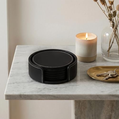 Set of 6 Modern Black PU Leather Coasters - Non-Slip & Waterproof