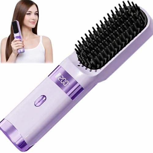 Cordless Hair Straightener Brush - Portable 4 Temp Comb for Travel
