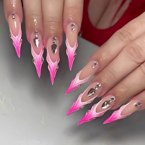 RUOKEXIN Long Stiletto Press On Nails 24Pcs French Tip Ombre with Rhinestones 3D Glossy Extra Long New Long Style 40