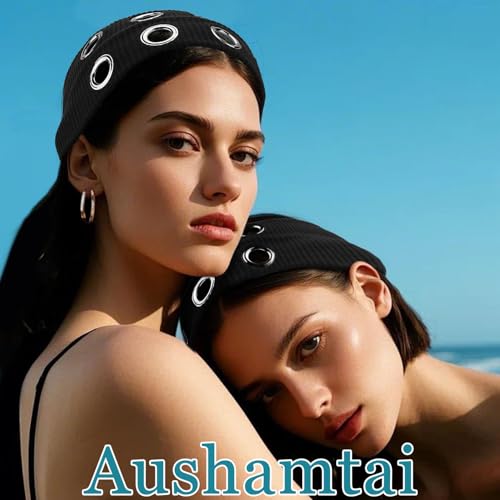 Aushamtai Black Hollow Out Grommet Headband for Women Girls Y2K Punk Grunge Fashion