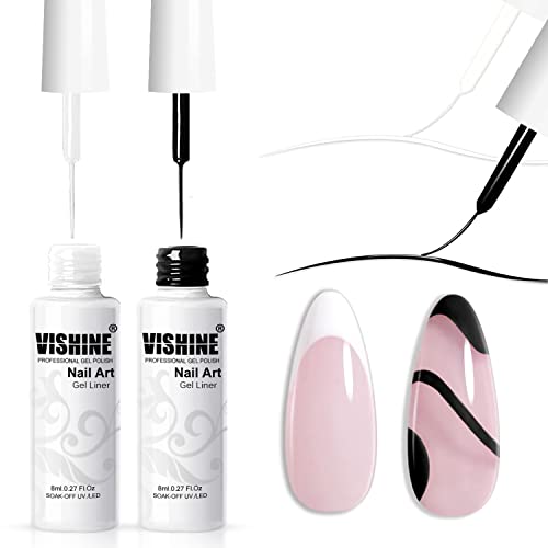 Vishine Gel Nail Art Liner Set - Black & White, Thin Brush Gel Polishes for Fine Lines