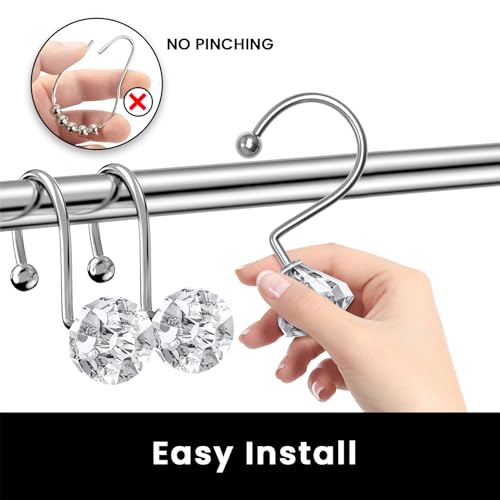 Diamond Shaped Crystal Shower Curtain Hooks - 12PCS Rust Proof