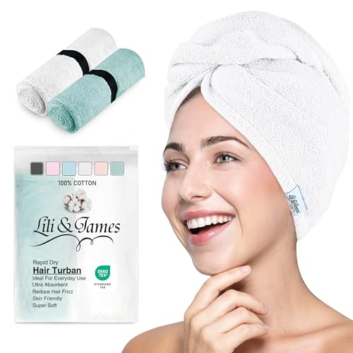 Lili&James 100% Cotton Hair Towel Wrap (Pack of 2) - Quick Dry Turban for Women & Kids, Anti Frizz, White+Aqua