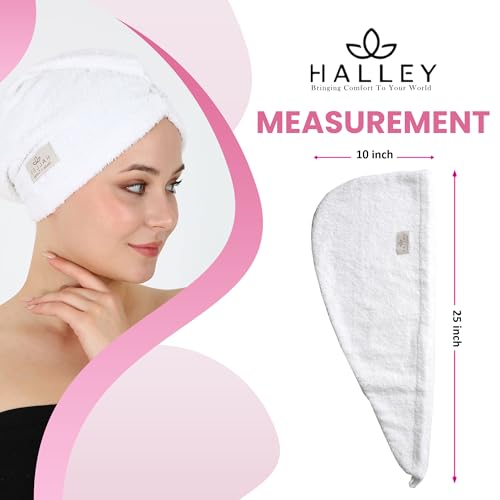 HALLEY Cotton Hair Towel Wrap - 3 Pack Super Absorbent Towels for Thick Hair (White)