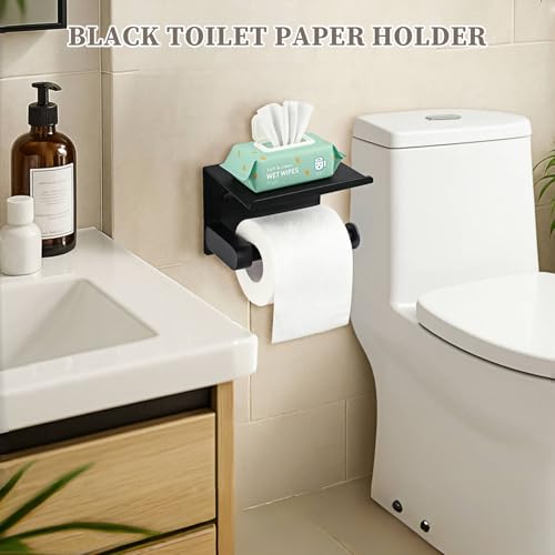 Black Rustproof Toilet Paper Holder with Shelf - Wall Mount & Adhesive
