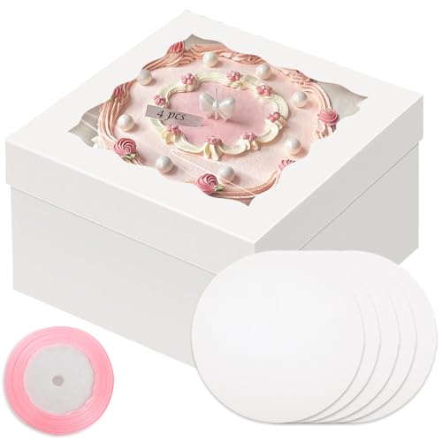 qiqee 10x10x8 White Cake Box Set with 10" Round Boards & Ribbon