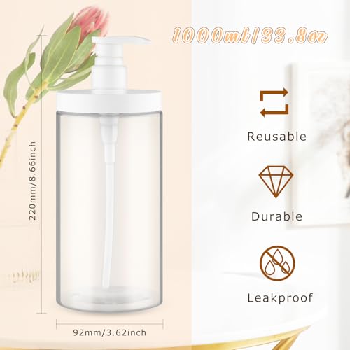 DynnnDy 1000ml Refillable Clear Pump Bottles - Large Capacity Shampoo & Lotion Dispenser, Pack of 3