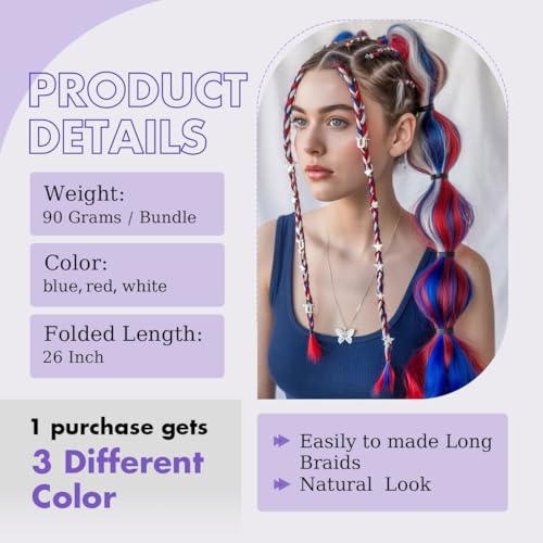 26 Inch Pre-Stretched Braiding Hair Extensions - Blue, White, Red (3 Pack)