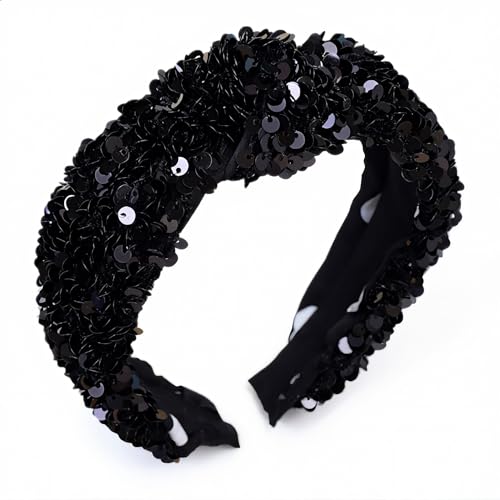 CAUDIO Black Sparkly Sequin Knot Headband for Women - Stylish Party Hair Accessory