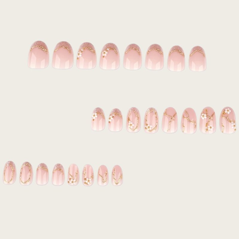 Almond Press-On Nails - Short 3D Floral & Gold Glitter Design | Nude Pink Full Cover Reusable Acrylic - 24 Pcs