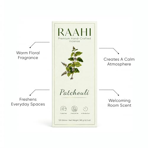 RAAHI Patchouli Incense Sticks with Holder - 120 Handcrafted Sticks for Meditation & Home Fragrance