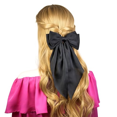 2-Pack Black Satin Hair Clips for Women & Girls – Long Tail Bow Alligator Barrettes