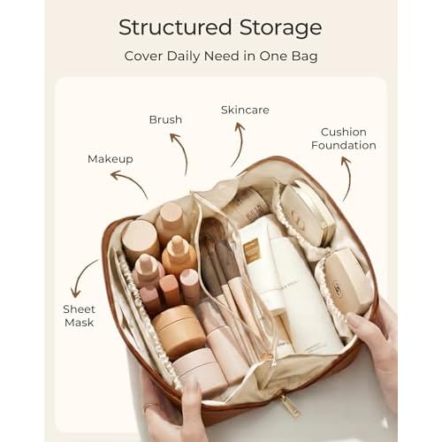 BAGSMART Makeup Bag Travel Cosmetic Bag, Large Make Up Bag Flat Open Toiletry Bag for Women, PU Leather Travel Essentials Organizer Case, Wide-open Pouch Purse for Skincare, Brushes, Classic Brown