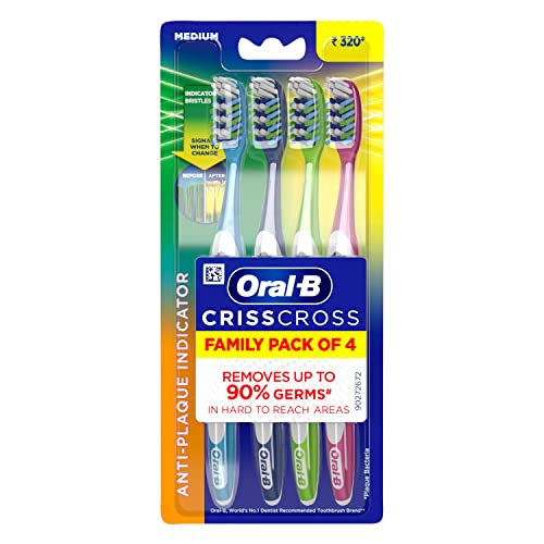Oral-B Criss Cross Deep Clean Manual Toothbrush Set for Adults – 4 Pack with Tongue Cleaner