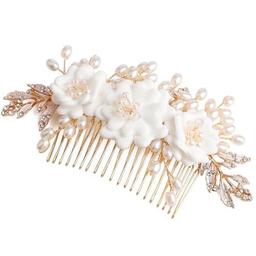 Handmade Pearl Rhinestone Wedding Hair Comb with 3 White Flowers