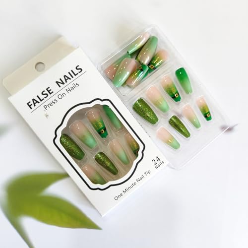 GCSQW St. Patrick's Day Glitter Nails - 11 Glitter Design Fake Coffin Nails, Green Gradient with Hat, Press-On 24pcs