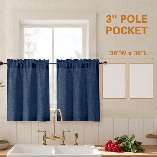 Gwine Navy Blue Short Kitchen Curtains - 30 Inch Light Filtering Drapes, 2 Panels