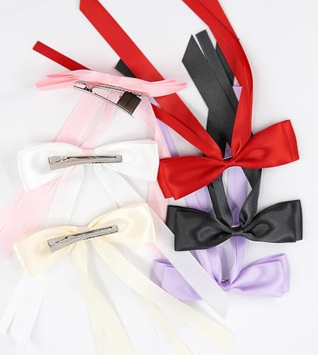 YunZh 6 Pairs Hair Bows for Women & Girls, Satin Ribbon with Long Tails, Black Beige White Red Purple Pink