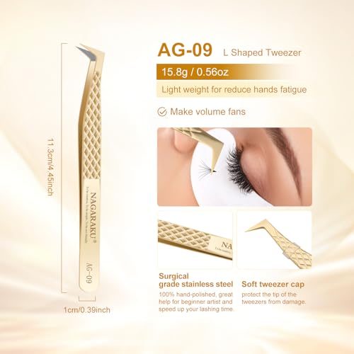 NAGARAKU Precision Fiber Tip Tweezer for Eyelash Extensions Diamond Grip Anti-Static Anti-Slip Premium Stainless Steel Pointed Volume Eyelashes Boot Tweezers Supplies with Box(L Typ Tweezers AG-09)