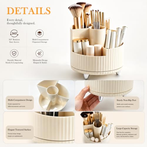 KDYNIX Small 360° Rotating Makeup Brush & Cosmetic Organizer, Cream