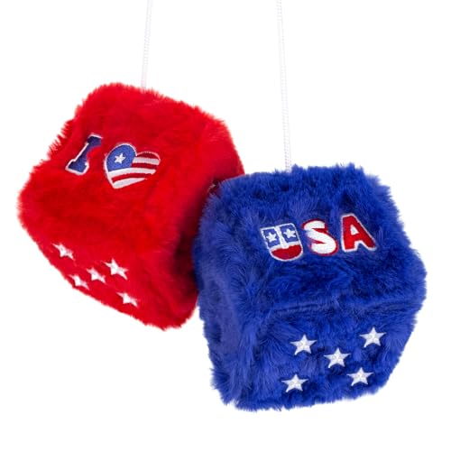 4th of July Fuzzy Dice for Car Mirror - Patriotic Plush Decor