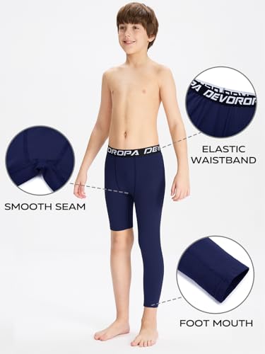 DEVOROPA Youth Boys Compression Pants for Basketball Soccer Medium Navy 3/4 Leggings