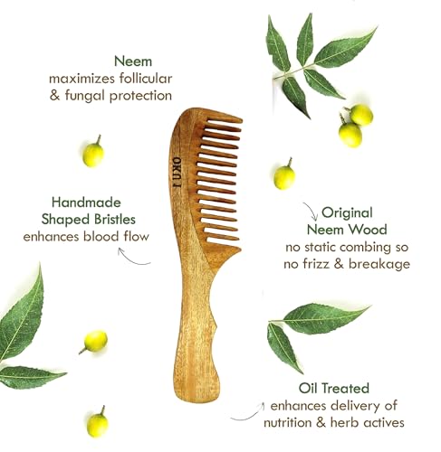 Neem Wooden Comb for Hair & Beard – Anti-Hair Fall Dandruff Control, Detangler & Scalp Stimulator