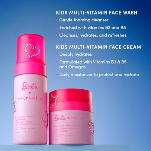 Evereden Barbie Limited Edition Gift Box for Girls | Multi-Vitamin Face Wash & Face Cream | Kids Skincare Set with Stickers & Bracelets | Dermatologist Tested Skincare For Kids 3+ | Cool Peach Scent